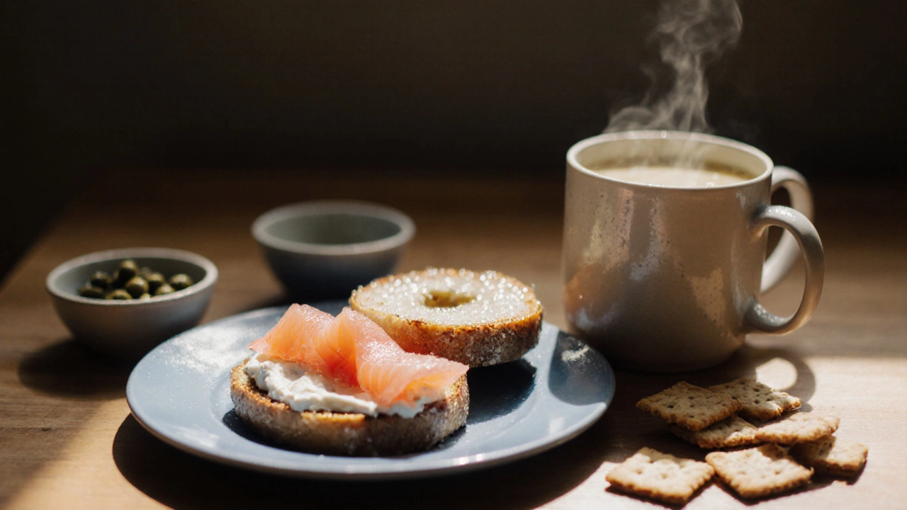 Toasted bagel with smoked salmon and soup, served plainly on a counter.