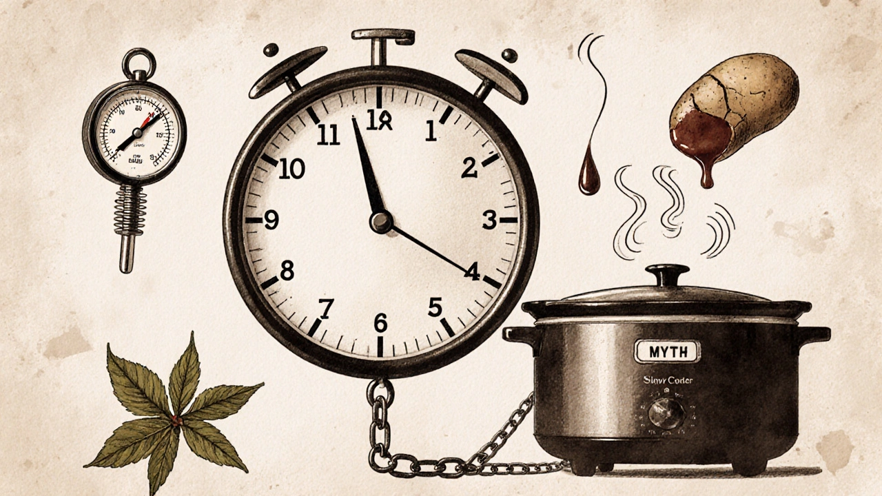 Vintage-style illustration of a slow cooker timer with broken myth chain, meat thermometer, and aromatic herbs floating around it in sepia tones.