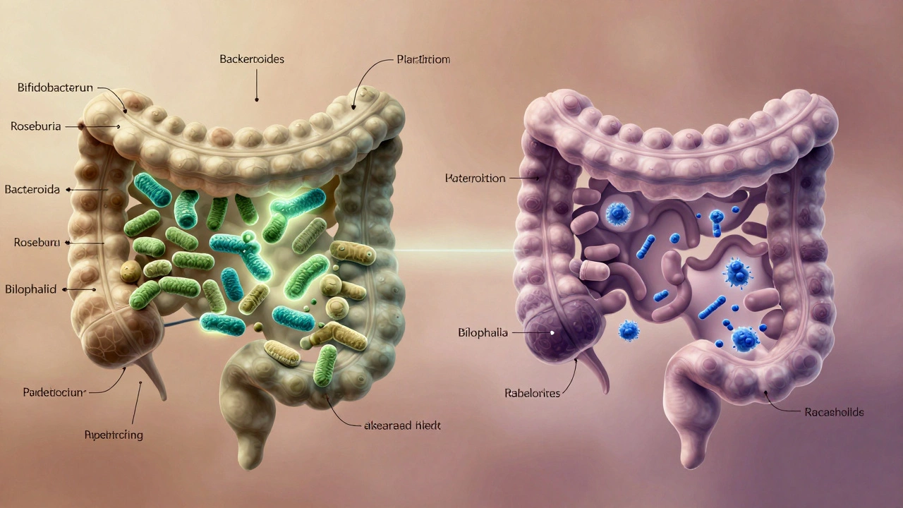 A conceptual gut microbiome transitioning from plant-based to meat-adapted bacteria.