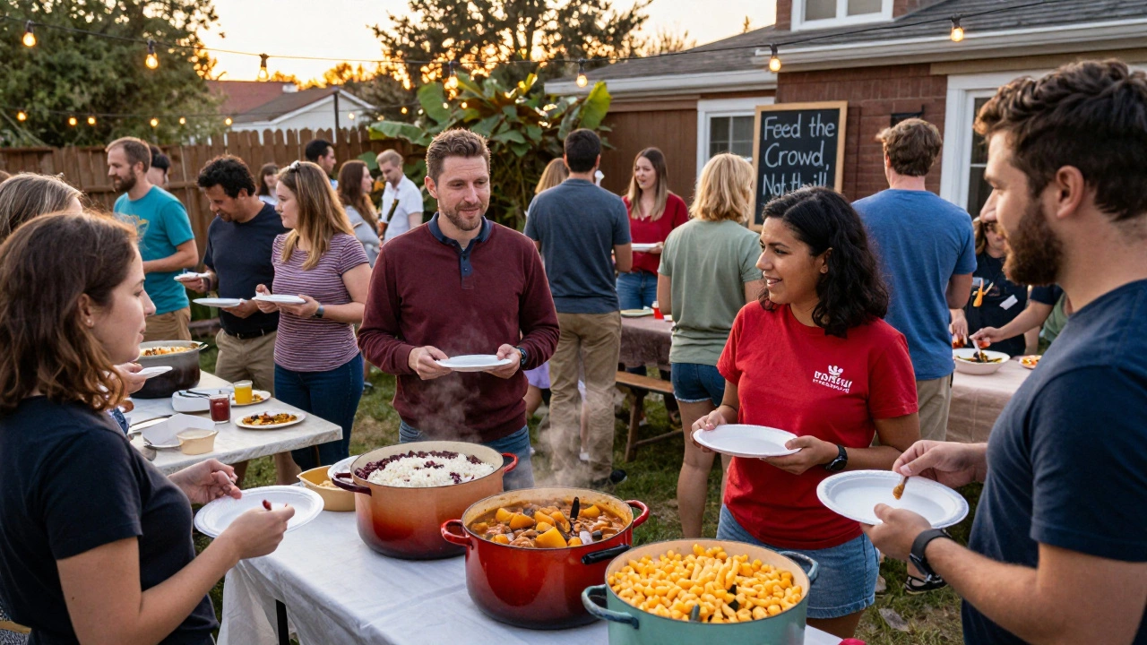 A lively backyard potluck with guests serving themselves from three large food pots.