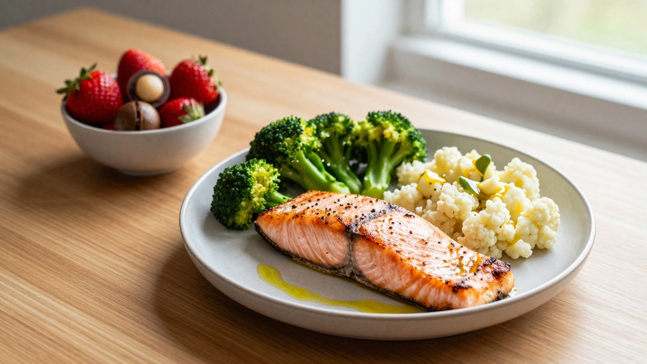 A nutritious low-carb meal of salmon, broccoli, cauliflower, and berries on a wooden table.