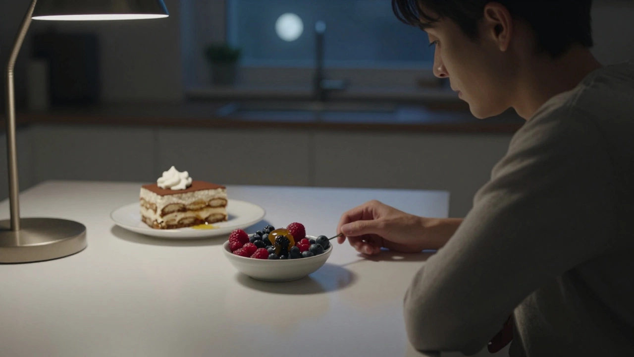 A person eats healthy berries at night, while a discarded slice of tiramisu sits untouched in the dim background.
