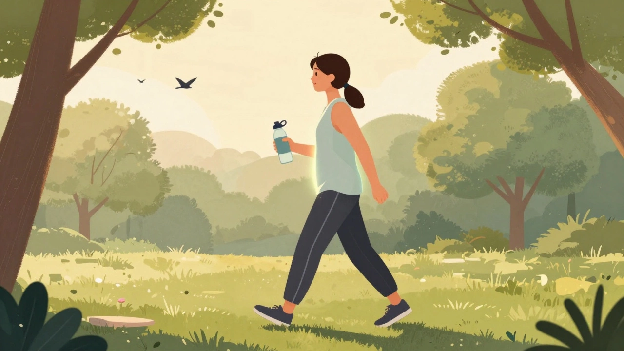 A person walking in a sunlit park, holding a water bottle, symbolizing daily movement for health.