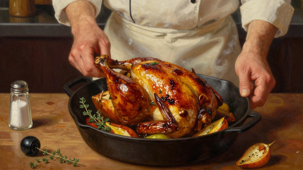 A roasted Jersey Giant chicken with herbs and vegetables in a cast-iron skillet.