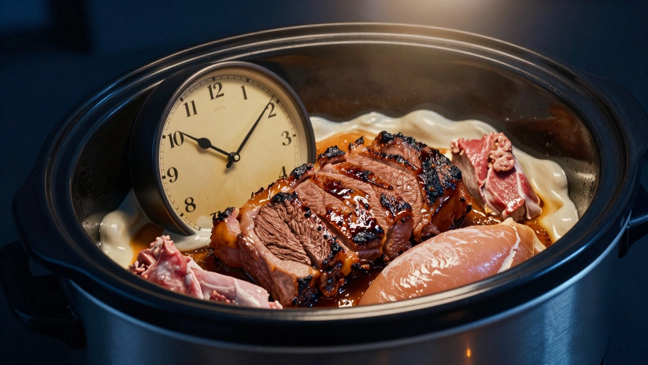 A slow cooker with a melting clock symbolizing time overcooking meat.
