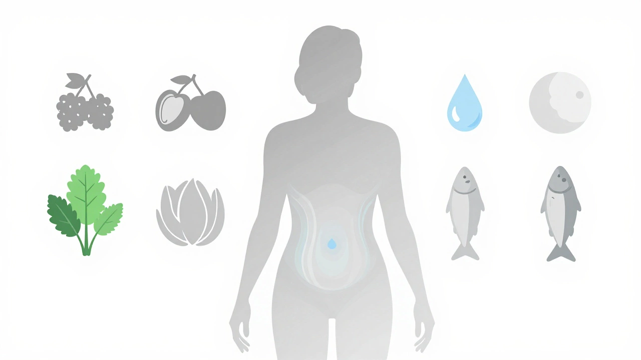 A transparent silhouette showing gradual belly reduction over seven days with healthy food icons.