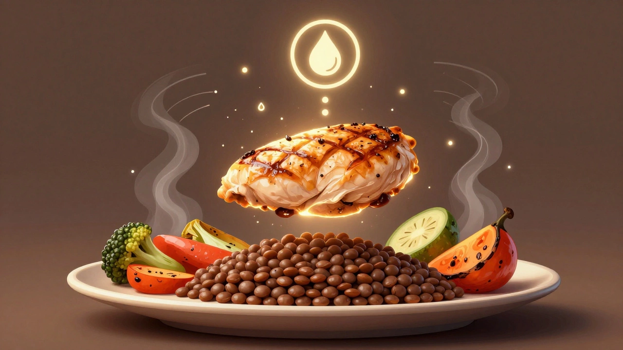 Abstract representation of protein, fiber, and water elements converging to create fullness in a meal.