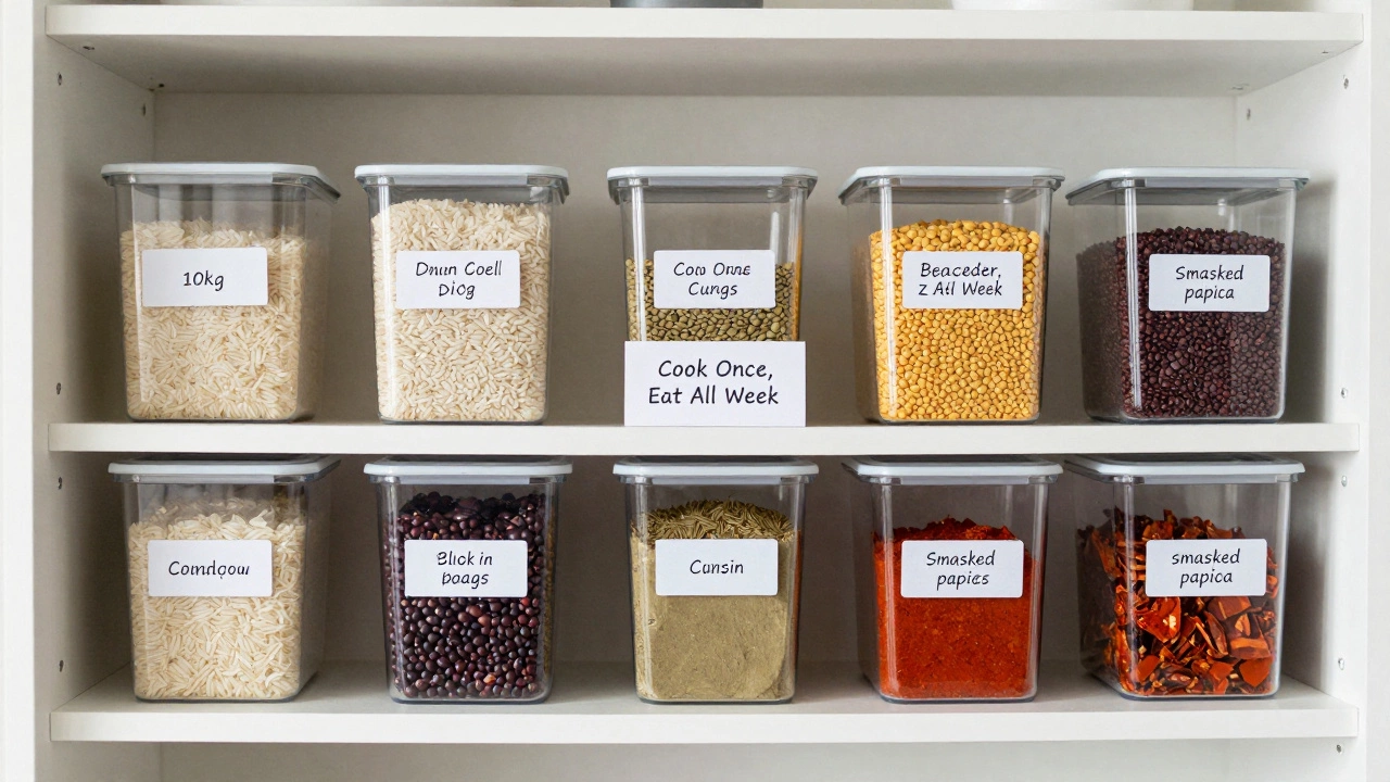 An organized pantry with bulk bags of rice, beans, and spices neatly stored.