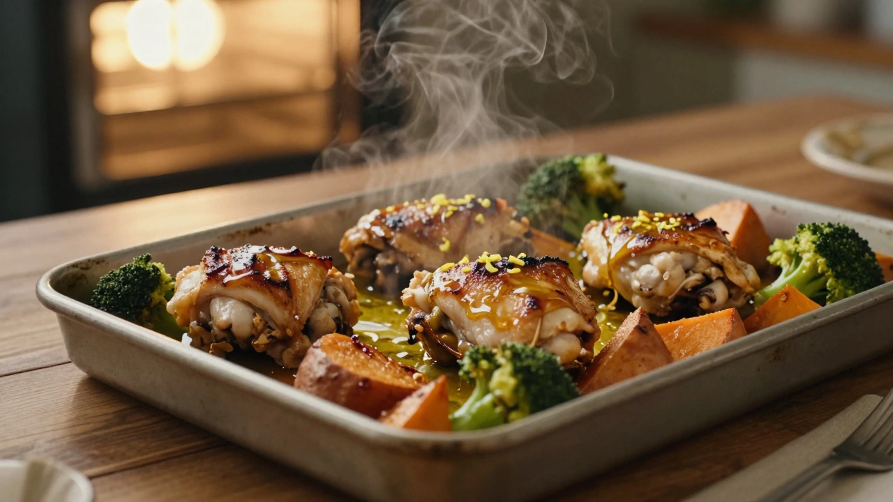 Baking sheet with roasted chicken and vegetables, golden and steaming.