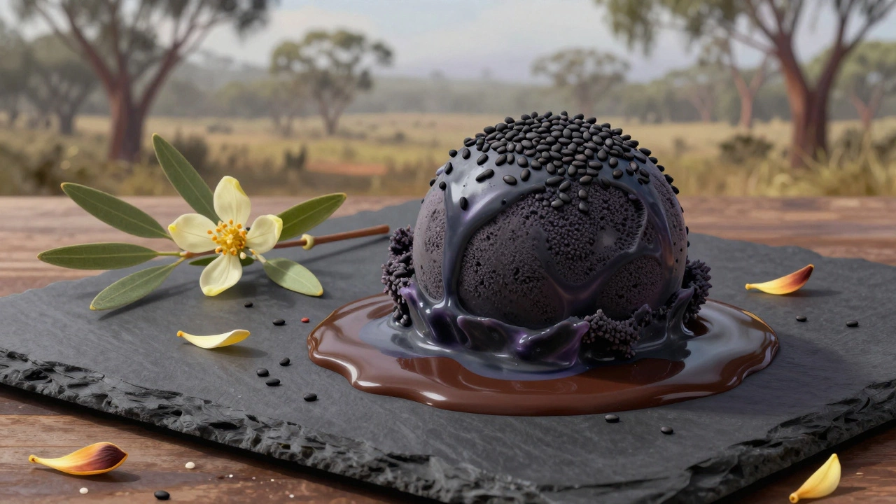 Black sesame ice cream melting on a slate plate with edible flowers and citrus sauce, evoking earthy flavors.
