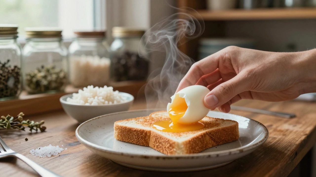 Boiled egg on toast with rice and salt on a plate, steam rising gently.