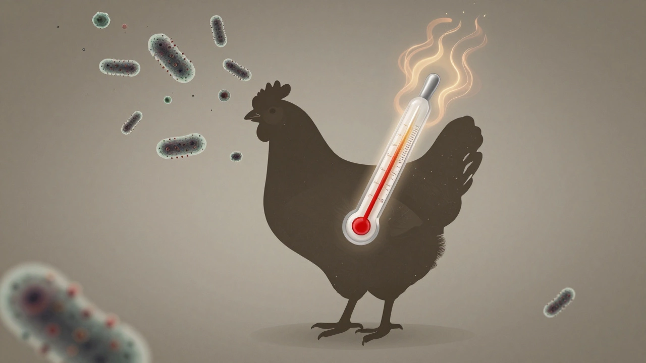 Chicken silhouette breaking into bacteria, pierced by a thermometer needle.