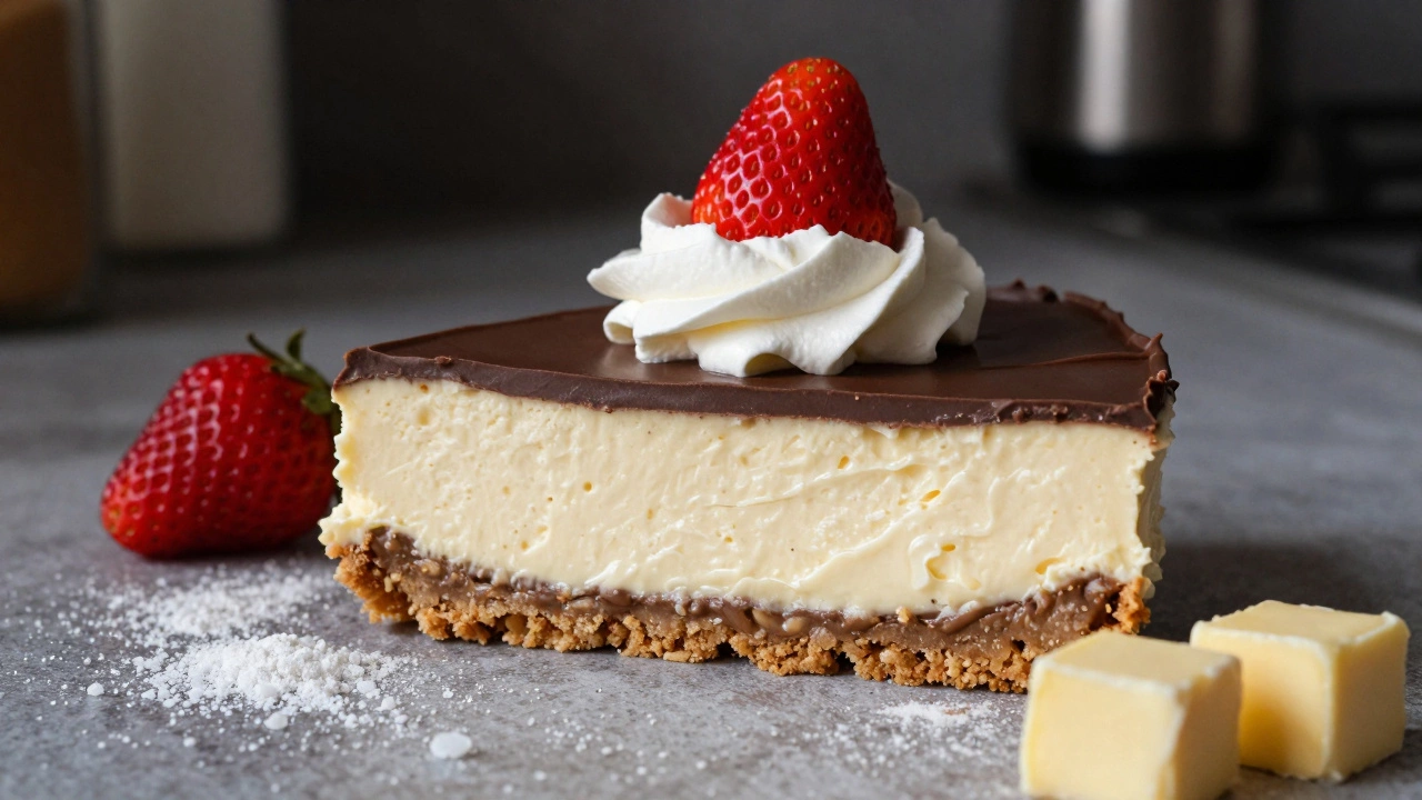 Close-up of layered dessert ingredients—cream cheese, ganache, whipped cream—scattered like a sugary trap on a counter.