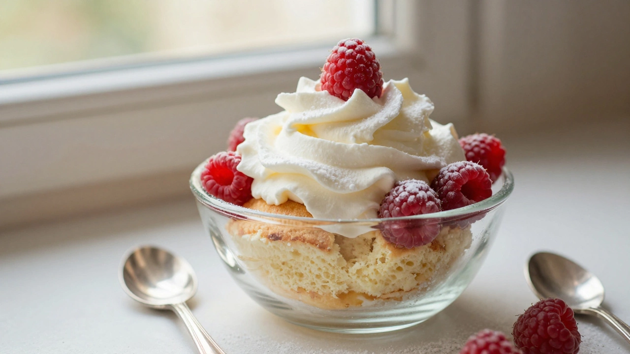 Cloud cake with whipped cream and fresh raspberries served in a glass bowl with a spoon.