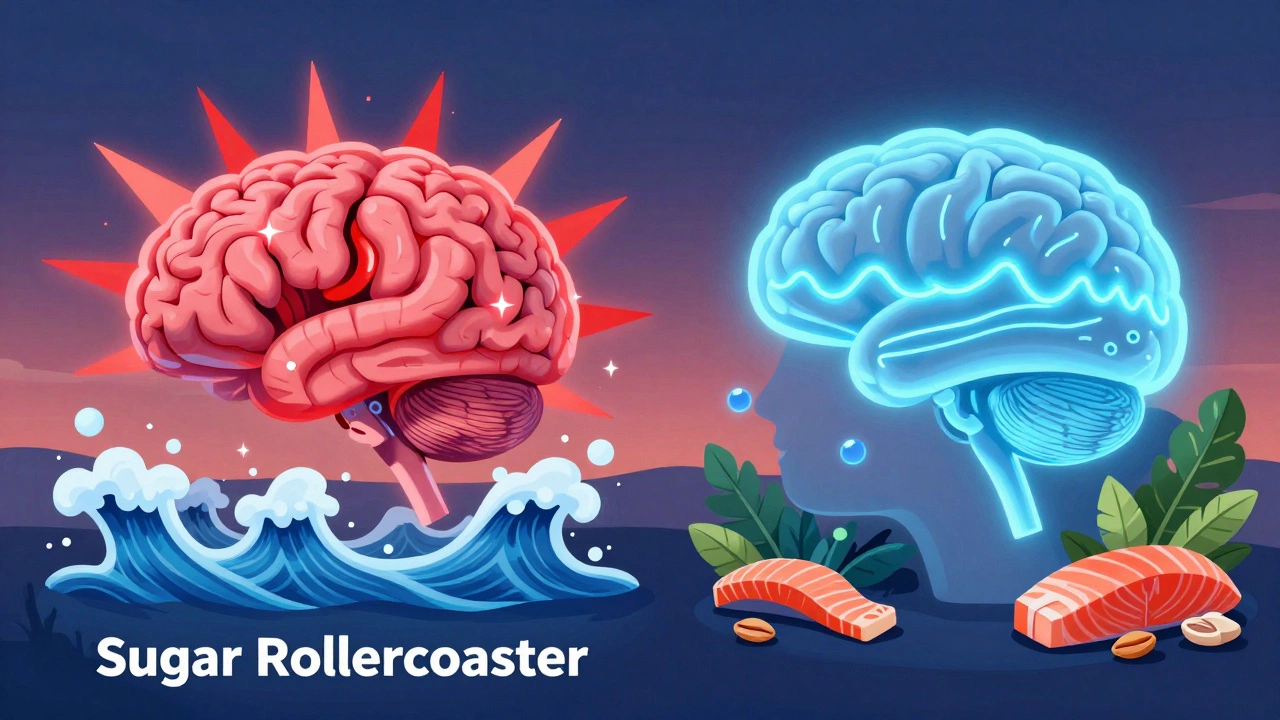 Contrasting brain images: one chaotic with sugar spikes, the other calm with ketones and healthy foods.