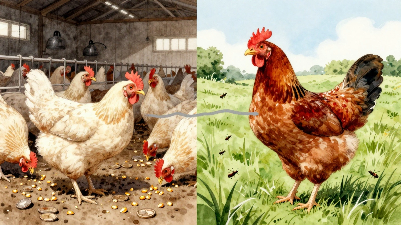 Contrasting image of factory-farmed vs. pasture-raised chickens in watercolor.