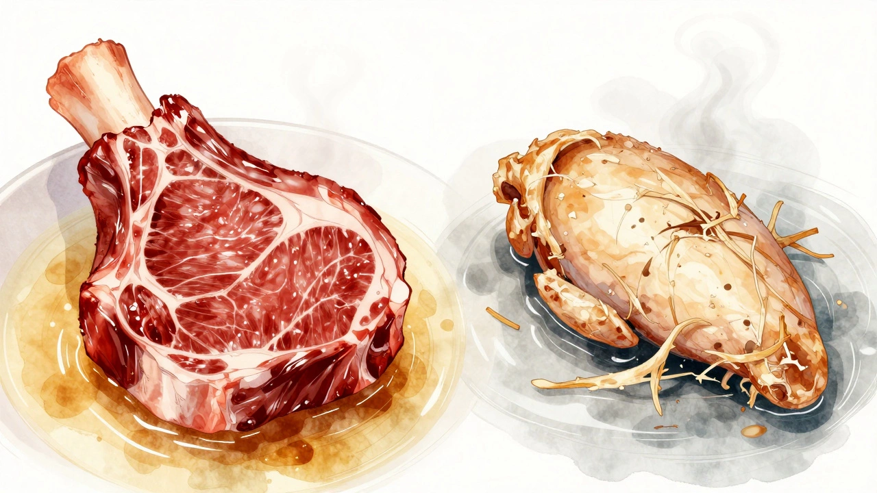 Contrasting images of perfectly tender beef versus dried-out chicken in a slow cooker.