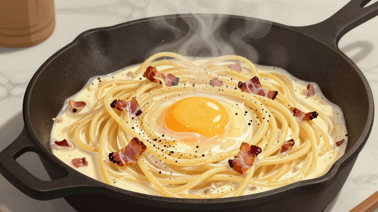 Creamy carbonara pasta with pancetta and black pepper, no cream in sight.