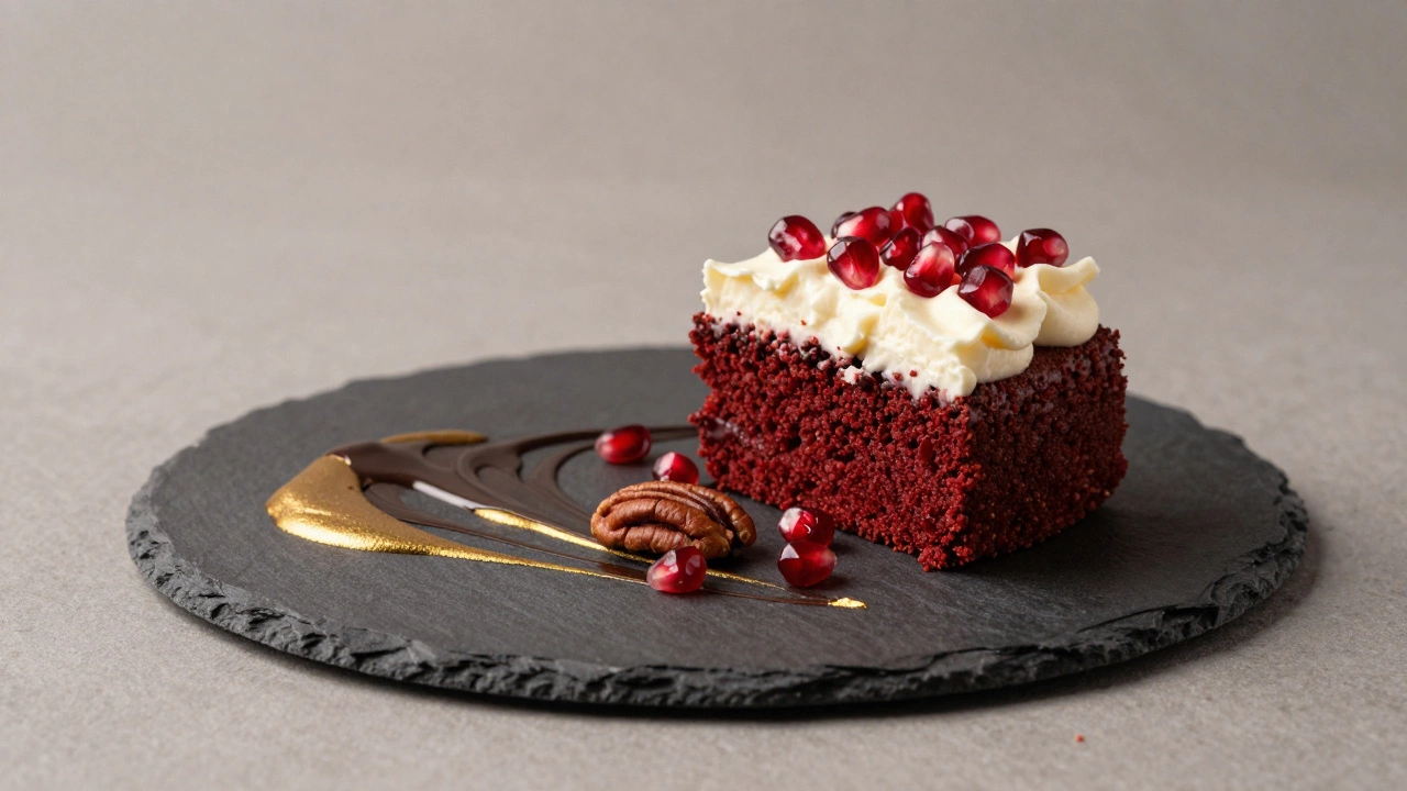 Deconstructed cake on slate plate with crumbled sponge, frosting, and edible garnishes.