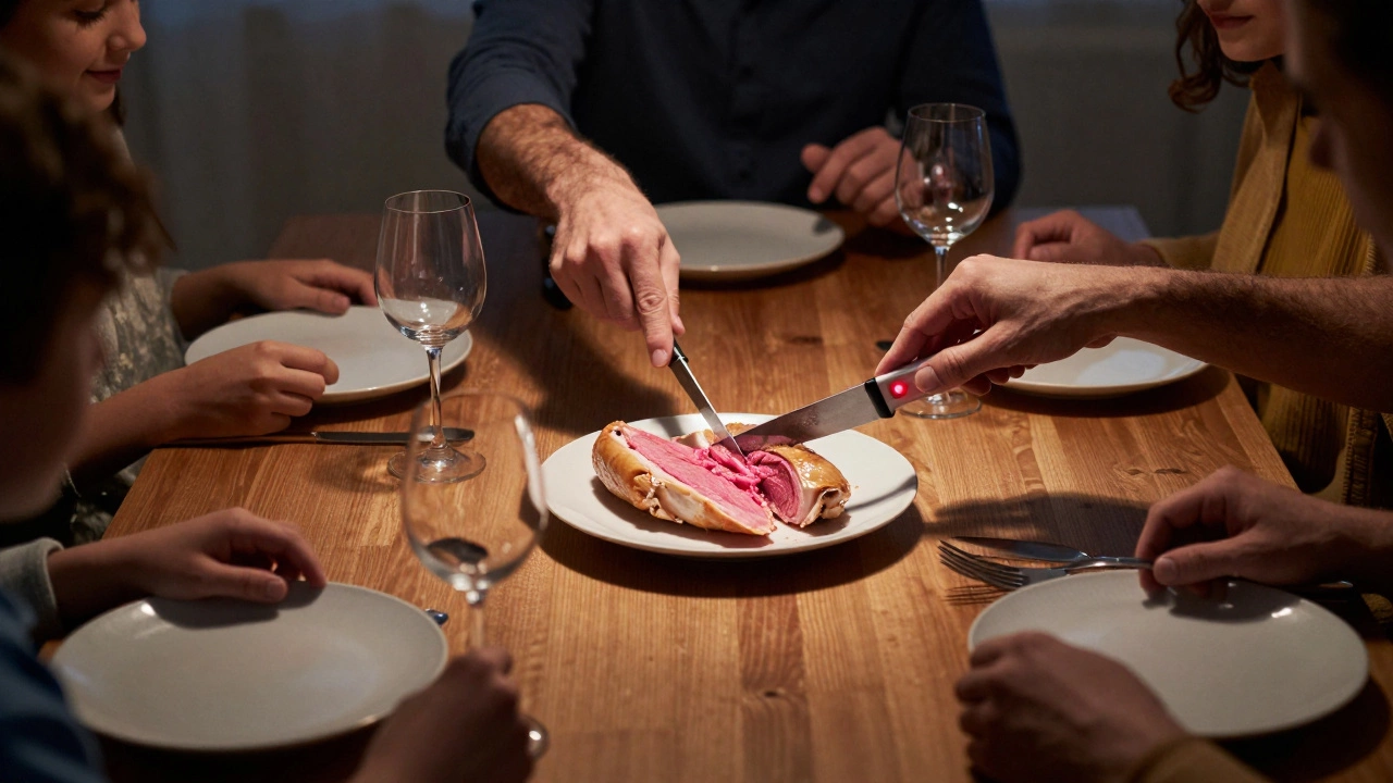 Family at dinner, pink undercooked chicken revealed as someone holds a thermometer.