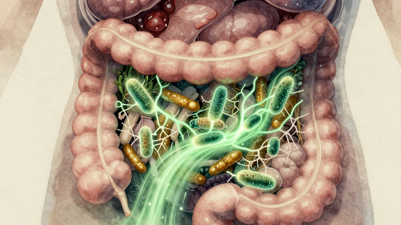 Illustrated digestive system glowing with healthy bacteria and fiber, contrasting with old meat residue.