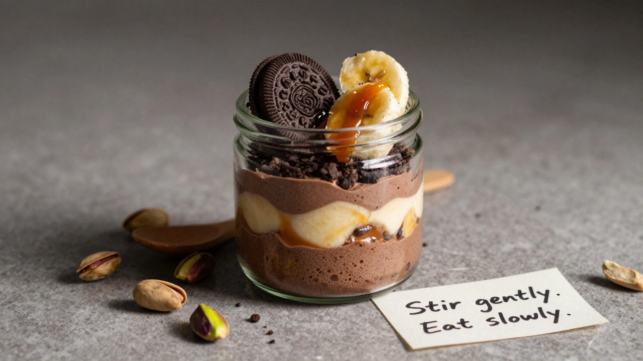 Layered dessert jar with chocolate mousse, cookies, banana, and gelato, shown in a clear glass container with a wooden spoon.