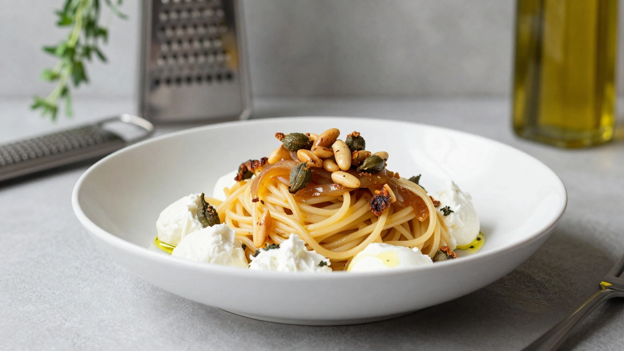 Layered pasta bowl with ricotta, fried capers, pine nuts, and caramelized onions.