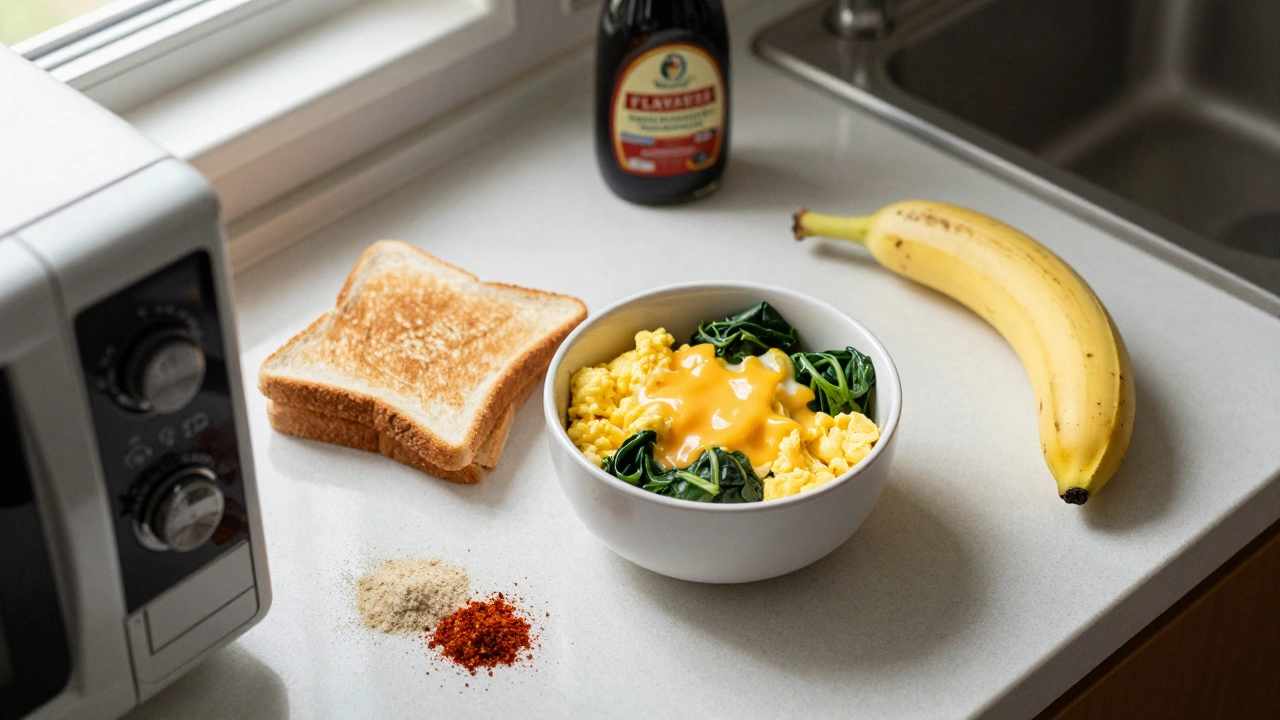 Microwave mug of scrambled eggs with cheese and spinach beside toast.
