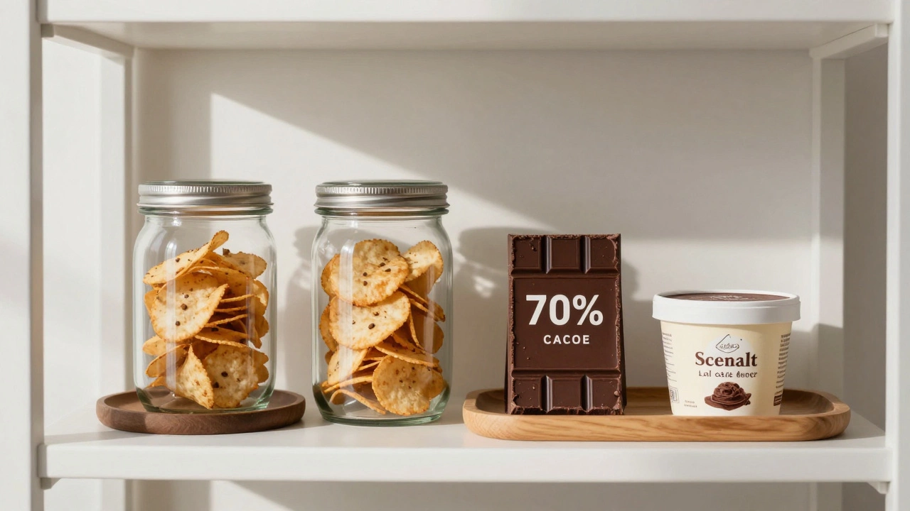 Open pantry with high-quality snacks like artisan chips, dark chocolate, and ice cream on display.
