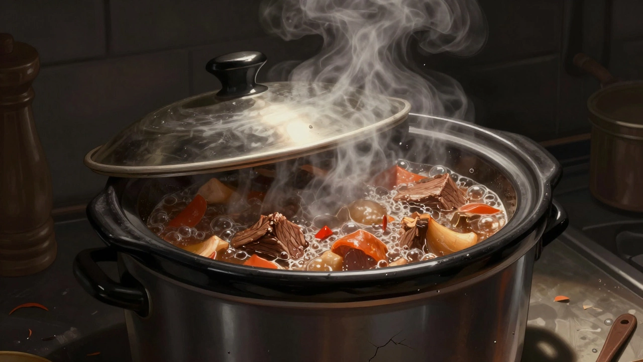 Overfilled slow cooker with stew bubbling over, lid strained and stoneware cracked.