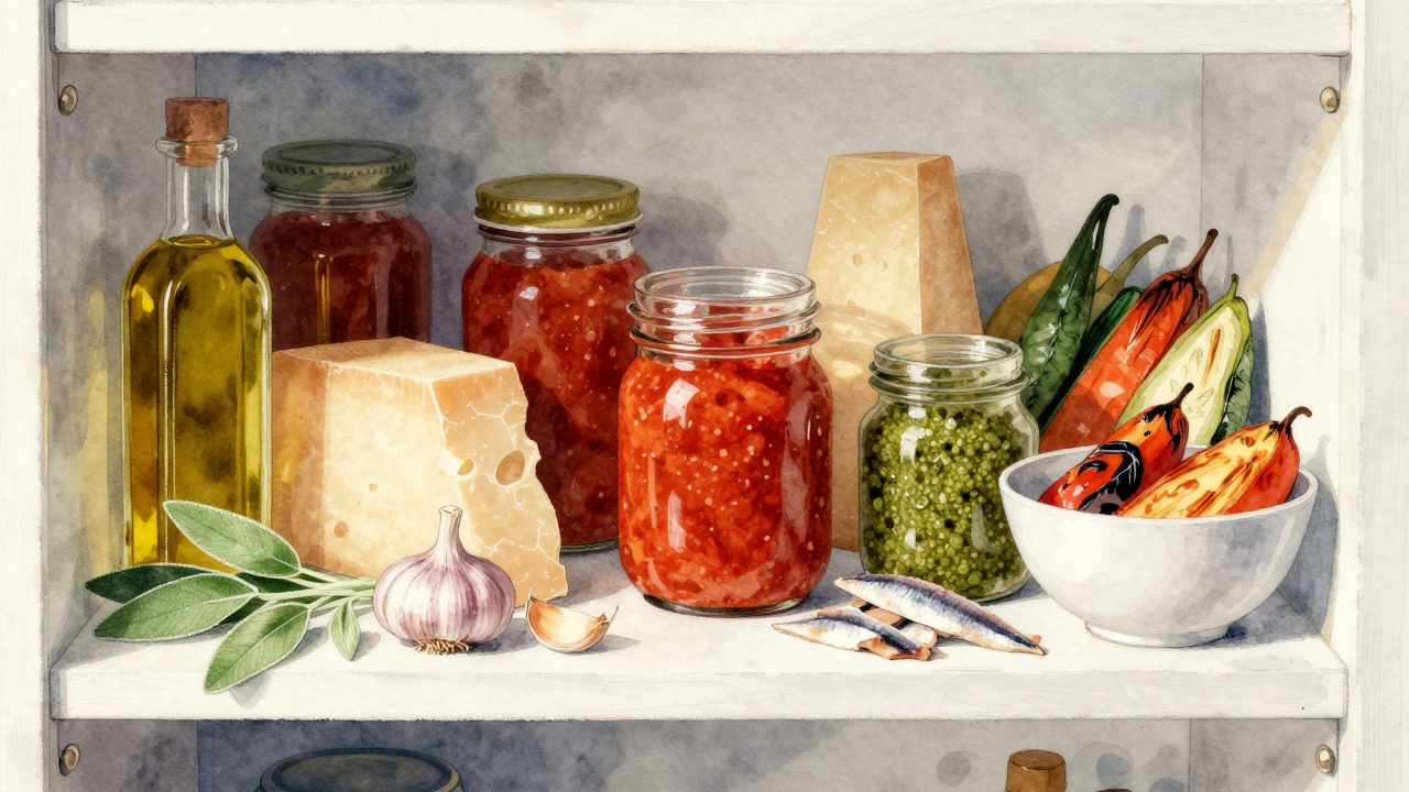 Pantry shelf with ingredients for tomato-free pasta sauces like olive oil, cheese, and herbs.