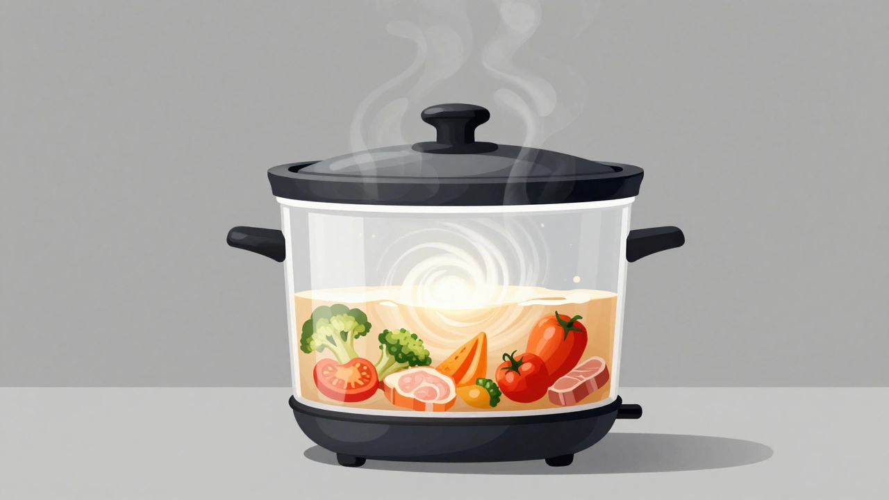 Perfectly filled slow cooker with even heat circulation and balanced ingredients.