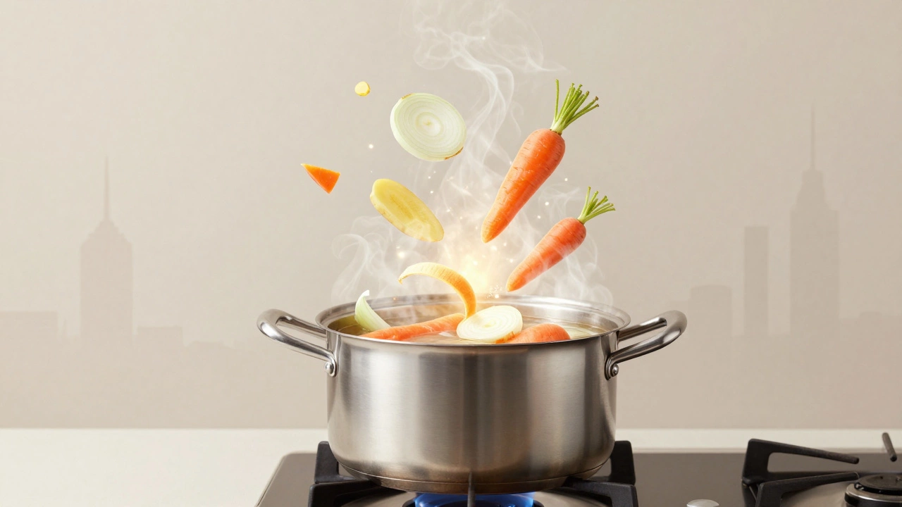 Pot of vegetable broth simmering with food scraps turning into glowing nourishment.