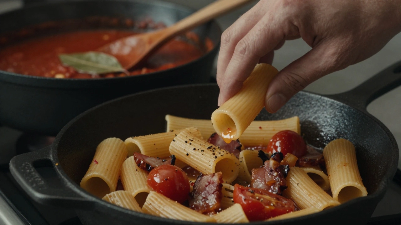 Rigatoni tossed with pancetta and bursting cherry tomatoes in a cast-iron pan.