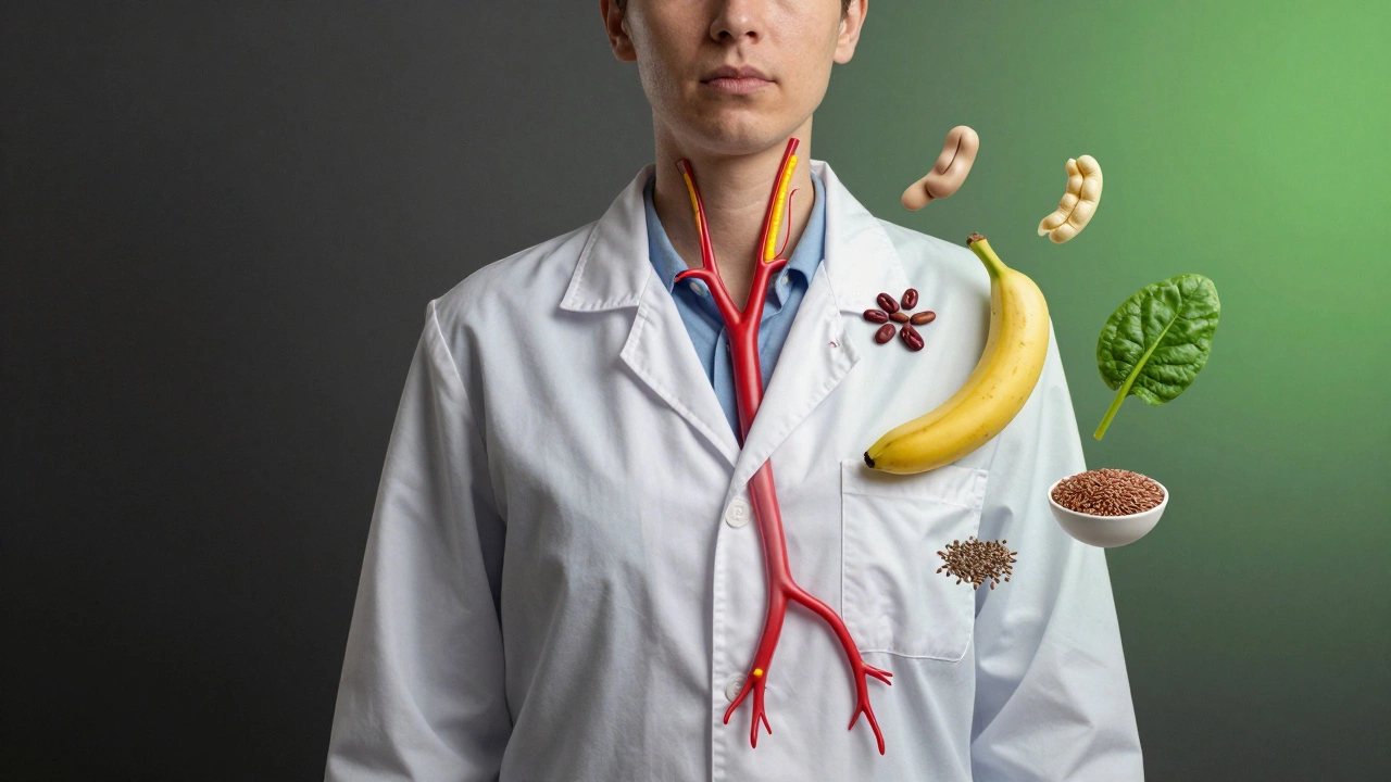 Split-body image showing arterial plaque transforming into clear vessels surrounded by plant foods.