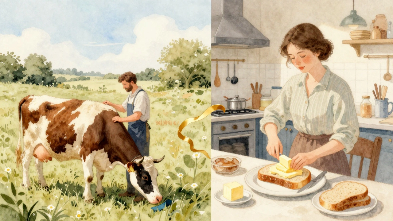Split illustration of a cow being milked in a pasture and someone spreading butter on bread in a café.