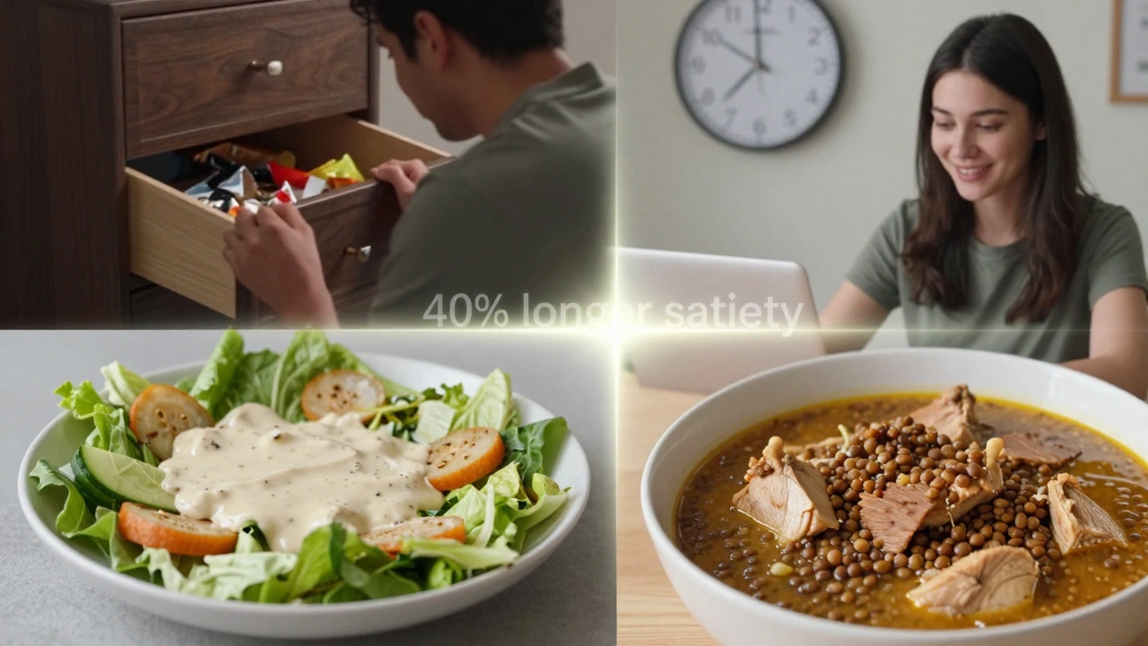 Split image comparing an unsatisfying salad to a filling stew, showing the difference in post-meal hunger.