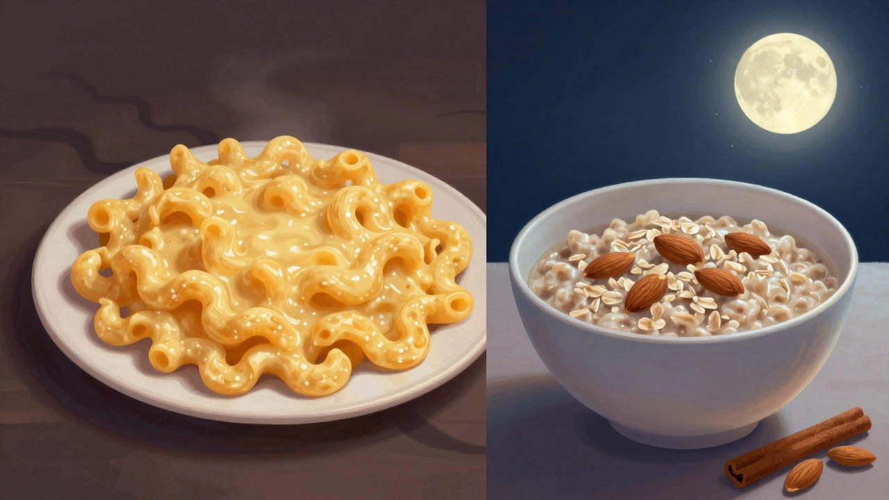 Split image: heavy mac and cheese vs. light oatmeal snack for sleep.