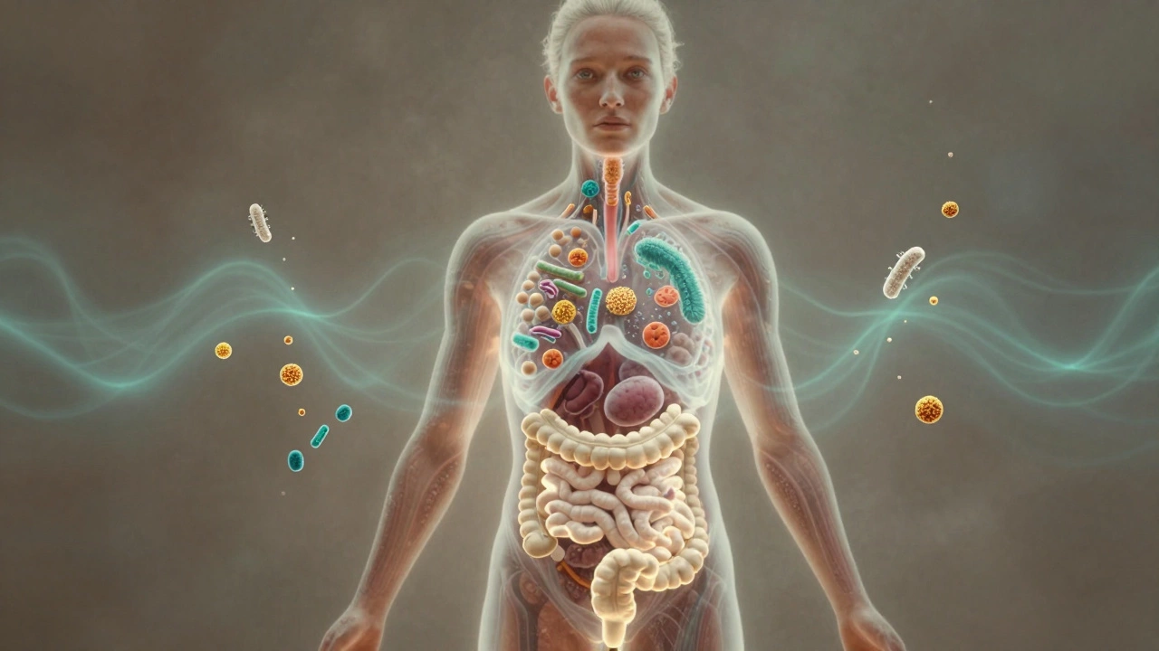 Translucent human torso showing improved gut health, lower cholesterol, and clearer skin after a week without meat.
