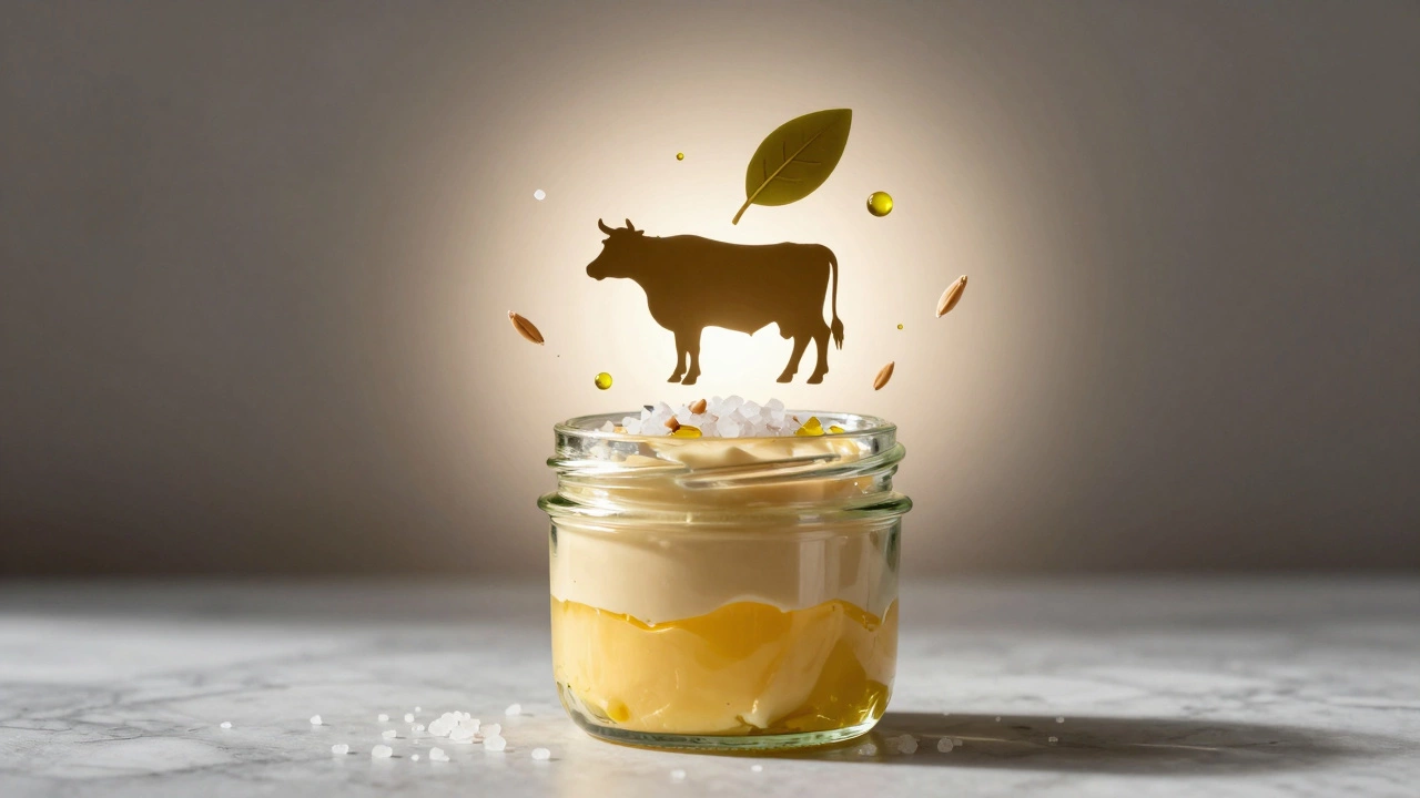 Transparent jar showing layers of dairy butter, plant butter, and symbolic cow and leaf icons.