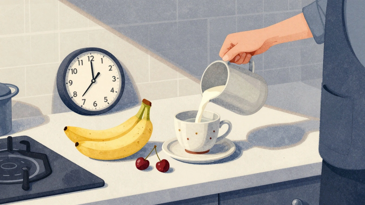 Warm milk being poured at night with banana and cherries beside it.