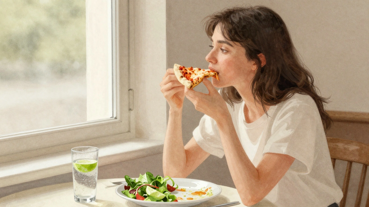 Woman mindfully eating pizza beside a green salad, calm and present in soft afternoon light.