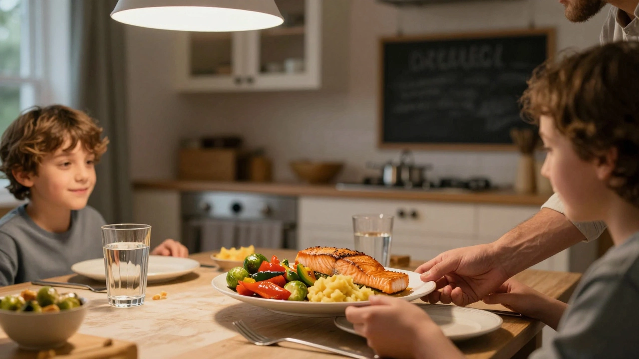 A parent serving a child a meal with vegetables, salmon, and sweet potato in a cozy kitchen.