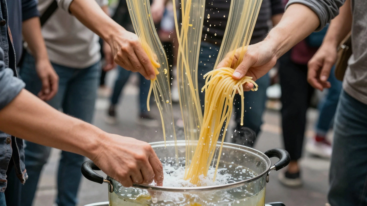 A sidewalk scene with people bumping into each other, overlaid with pasta and oil, symbolizing why oil doesn't prevent sticking.