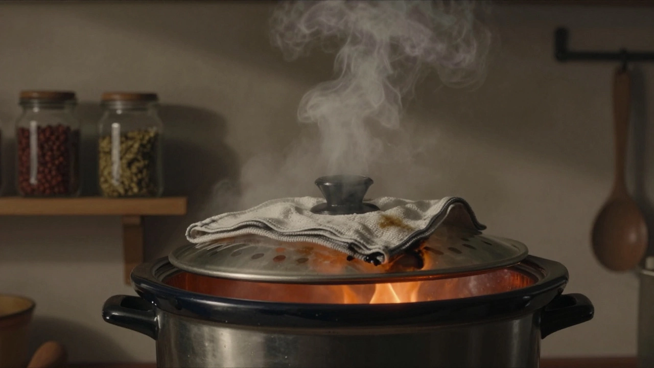 A smoldering tea towel beneath a slow cooker lid, faint embers glowing.
