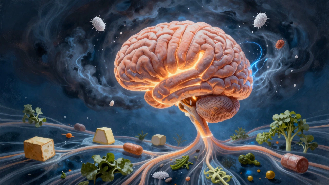 Brain with stormy sugar spikes above and clear healthy pathways below.