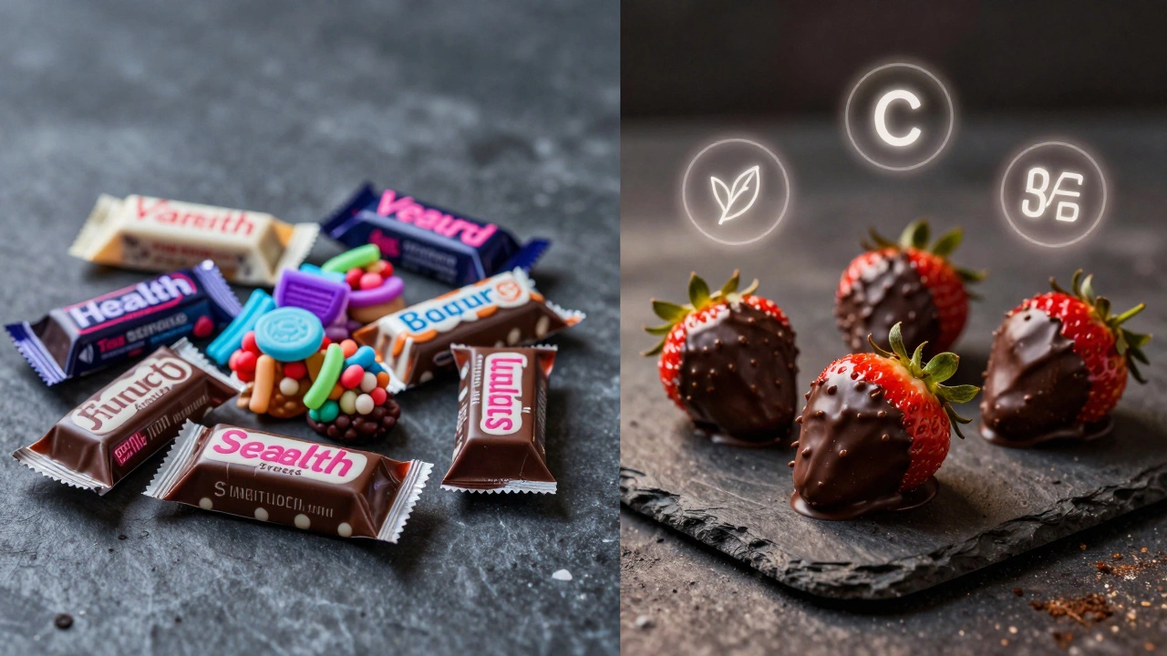 Contrast between processed sweets and dark chocolate-dipped strawberries with nutrient icons.