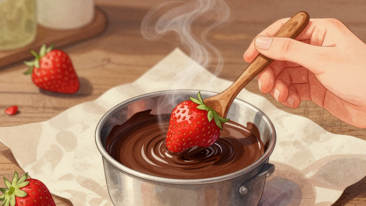 Hand dipping a strawberry into melted dark chocolate using a double boiler.