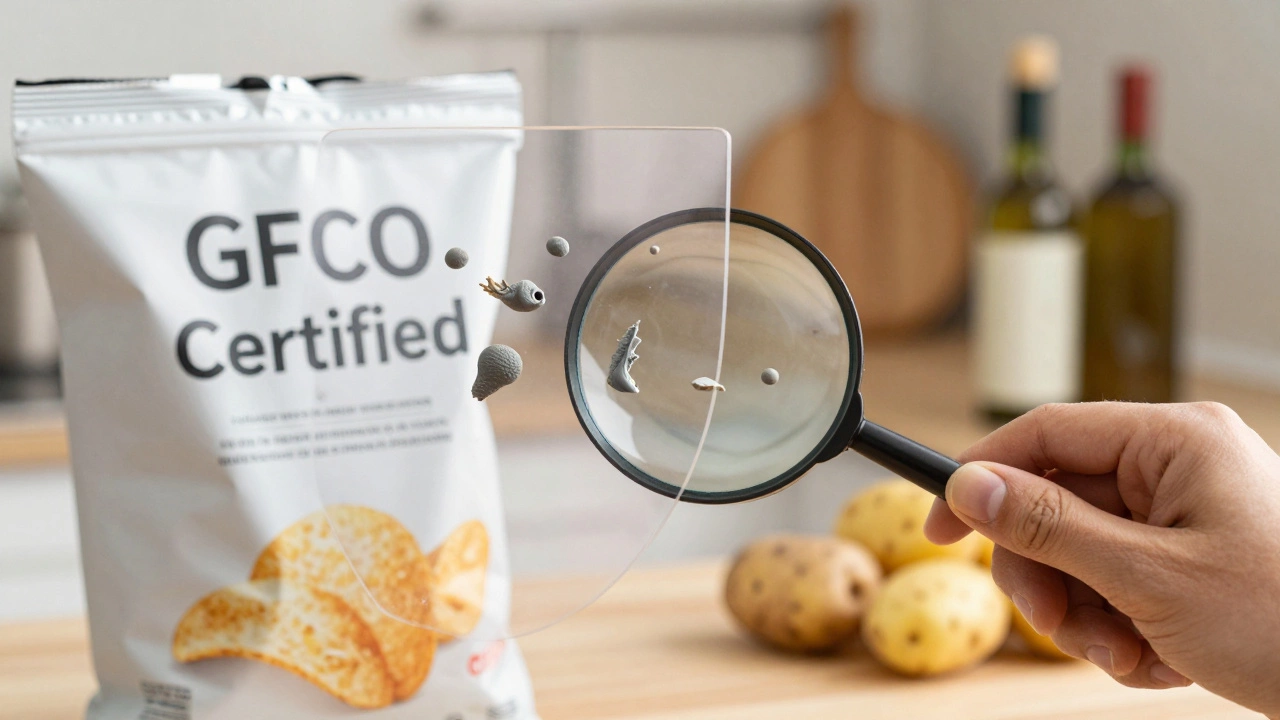 Hand holding certified gluten-free chips with magnifying glass revealing filtered gluten molecules.