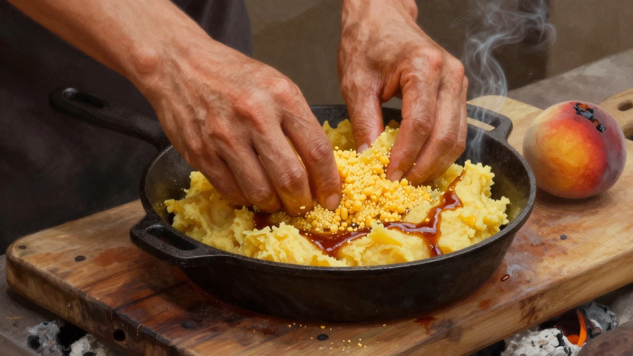Hands shaping sweet potato pone in a cast-iron skillet using only molasses and cornmeal.